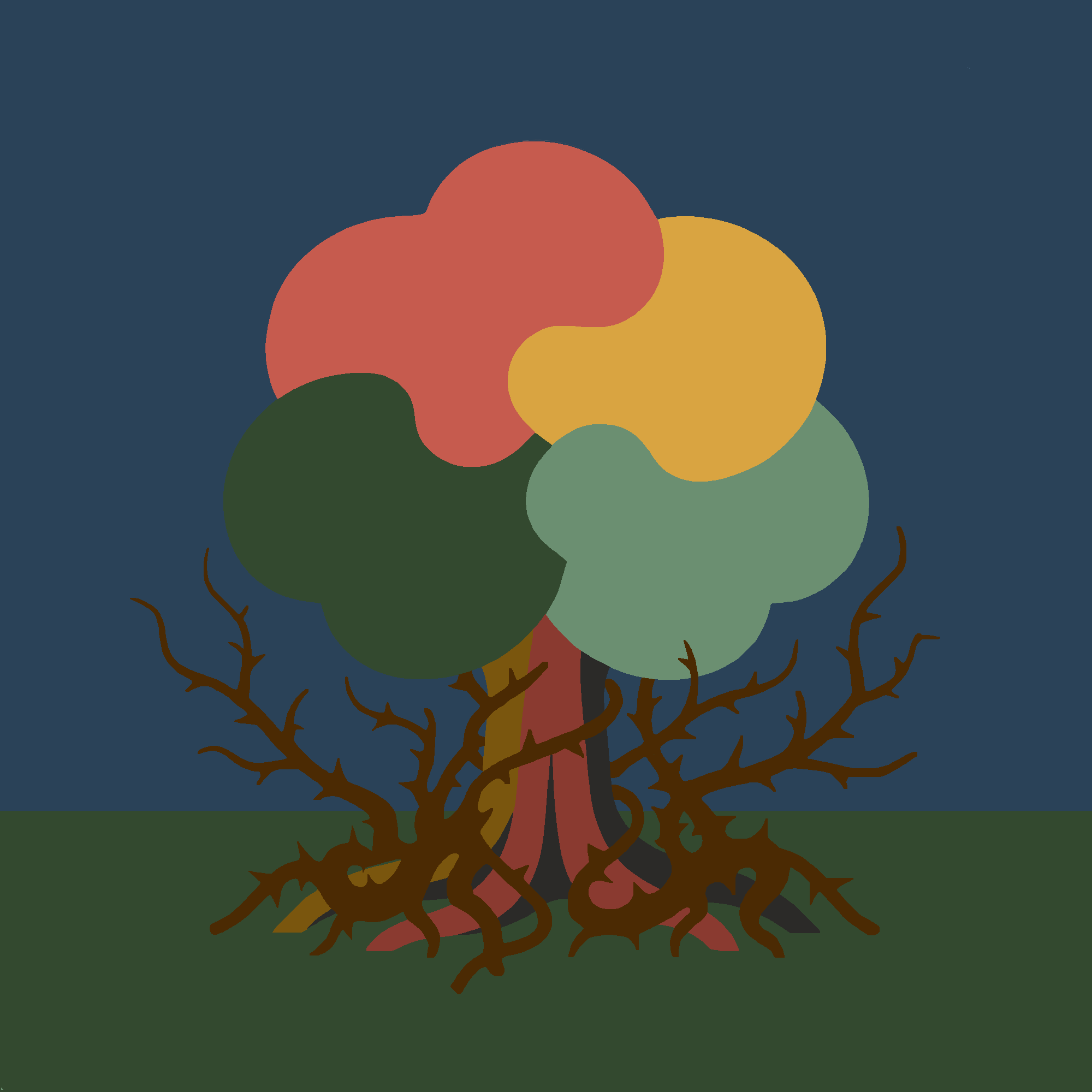 Illustrated tree tangled in dark thorny brambles at its roots.