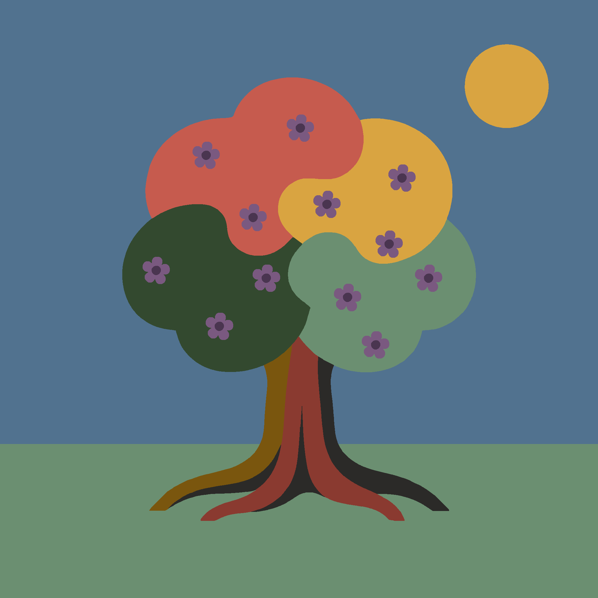 Illustrated tree in full bloom, its canopy made of four colors, under a warm sun.